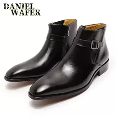 Bota clássica de couro real masculina, botas básicas azuis, sapato de vestido