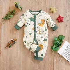 Macacão de algodão dinossauro dos desenhos animados para bebê recém-nascido, roupas de manga comprida, confortáveis e macias, meninos e meninas, 0-18, primavera e outono