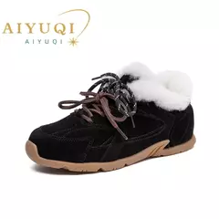 Aiyuqi tênis feminino novo couro genuíno retro alemão sapatos de treinamento feminino inverno veludo pele plana sapatos casuais na internet