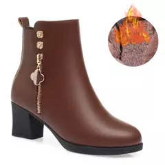 Botas femininas de pelúcia em couro genuíno, botas curtas de neve, marca de sa - loja online
