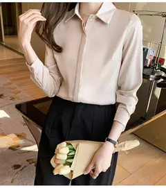 Primavera e Verão das Mulheres Manga Longa Commuter Profissional Sólida Chiffon Camisa Mulheres Tops Blusa Mulheres Camisas De Mujer C348 na internet