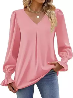 Nova camisa feminina de chiffon de cor sólida com decote em v pulôver queimado manga comprida camisa superior senhora do escritório elegante cáqui blusas soltas - loja online