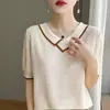 Camisa polo de malha de manga curta 100% lã pura, camiseta casual de lapela, camisa retrô fina, verão, 2024