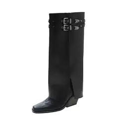 Imagem do Botas de cano longo para mulheres, salto alto quadrado, tendência de cowboy na