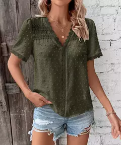 Benuynffy-Blusa de renda com decote em v feminina, ponto suíço, tops sólidos, manga curta, boho, doce, casual, moda feminina, verão, novo, 2024 - loja online