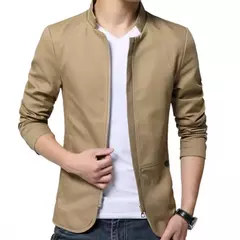 Blazer casual masculino com gola de suporte, jaqueta de negócios elegante, casaco monocromático com bolsos de zíper fino e fino, primavera e outono na internet
