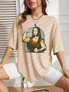 Camiseta de algodão de manga curta feminina, estampa fitness, extragrande, casual, solta, jogando jogadores na Mona Lisa - loja online
