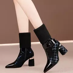 Botas femininas de salto alto, sapatos femininos, salto grosso, tecido elástico, zíper, moda feminina, inverno, novo, 2023 - comprar online