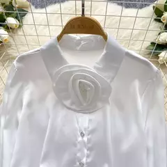 Elegante cetim tridimensional flor manga longa lapela blusa chique vintage moda colheita topo feminino camisas de outono roupas