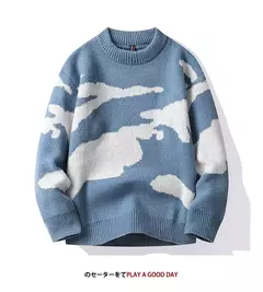Suéter de malha com padrão de nuvens masculino, suéteres de casal, gola redonda, manga comprida, pulôver Harajuku masculino, casual, fofo, outono, 2023 - Wolf Magazine