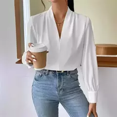 Pulôver de manga comprida com decote V feminino, camisa elegante, estilo britânico, tops urbanos, monocromático, confortável, blusa casual feminina, outono na internet