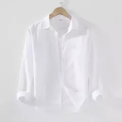 Camisa de linho de algodão respirável masculina, gola virada para baixo, manga comprida, monocromática, havaiana, casual, nova, outono
