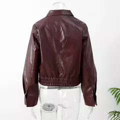 Jaqueta de couro com zíper lapela feminina, manga comprida, casaco curto elástico, monocromático, casual, pendulares, Casacos Street, Vintage, Outono - Wolf Magazine