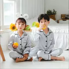Conjunto de pijamas de cetim de seda infantil pijamas de bebê pijamas pijamas cor sólida, terno infantil, meninos, meninas, outono na internet