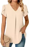 Blusa sexy com plissado e v pescoço para as mulheres, camisa de manga curta, cor sólida, solto, roupas de trabalho, verão, sze-st23015