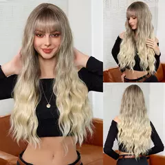 Ombre cinza sintético longo ondulado peruca com franja fofa para mulheres cabelo natural prateado cinza destaque perucas para uso diário cosplay