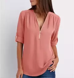 Blusa feminina profunda com gola V, tops femininos, pulôver sexy com zíper, moda casual, camisa solta legal, plus size, venda quente, 2024 - Wolf Magazine