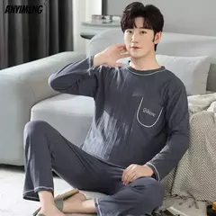 Pijama de algodão estampado urso masculino, calça xadrez manga comprida, roupa de dormir casual, plus size, 4XL, outono, inverno, novo - loja online