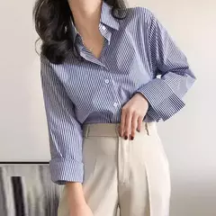 Blusa listrada clássica feminina, manga longa com lanterna, gola alta, top solto, primavera, outono - Wolf Magazine