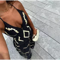 Vestido dividido sem costas sem mangas estampado feminino, sexy com decote em v, vestidos de cintura alta, férias na praia, verão, 2024 - loja online