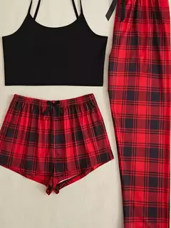 Conjunto de pijama casual feminino, shorts e calças suspensas, laço para casa, moda, atacado, 3 peças
