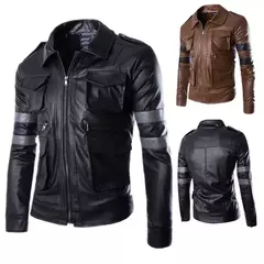 Imagem do Jaqueta de couro masculina com gola alta casual de motocicleta, tops sólidos e bonito, cosplay, cosplay Leon e Marshall, moda outono e inverno