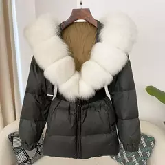 Oftbuy 2024 jaqueta de inverno feminina gola de pele de raposa natural real com capuz grosso quente 90% pato branco para baixo casaco feminino streetwear casual - loja online