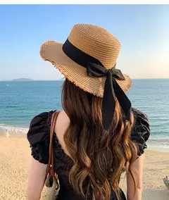 Chapéu de palha com laço feminino, aba larga, top macio, proteção solar, acessórios de praia, verão - loja online