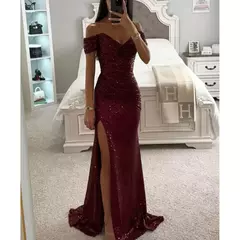 Vestido Dividido de Pescoço Uma Linha Feminino, Lantejoulas, Dividido, Versátil, Elegante, Charme, Emagrecedor, Festa, INS, Emagrecimento, S-XL Size, Novo - loja online