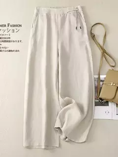 Calça de perna larga feminina, cintura alta elástica, algodão e linho, calça casual, calça reta solta, retrô artística, amarela, verão