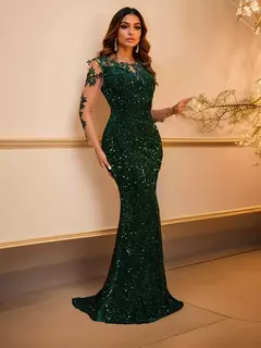 Imagem do Vestido feminino elegante de renda lantejoulas, oco, vestido de festa longo