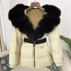 Oftbuy 2024 jaqueta de inverno feminina gola de pele de raposa natural real com capuz grosso quente 90% pato branco para baixo casaco feminino streetwear casual - loja online