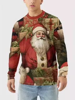 Feliz Natal camiseta de manga longa masculina, estampa 3D, padrão engraçado de Papai Noel, tamanho grande, tops, roupas - loja online