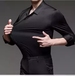 Camisa de spandex fina de manga comprida masculina, manga curta, elástica alta na internet