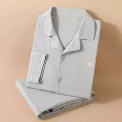 Imagem do Pijama masculino de manga comprida de algodão puro, conjunto de loungewear masculino verão, roupa noturna gent, nova marca de moda primavera e outono