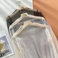 Top de mangas compridas transparente ultrafino feminino, casaco feminino com renda, monocromático, gola simulada, camisa feminina visível, primavera, verão na internet