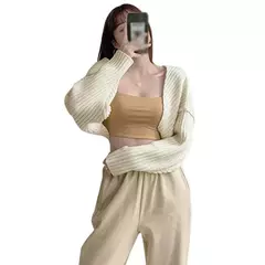 Cardigã curto solto de malha feminino, suéter ultra curto, casaco de manga comprida, monocromático, top curto, sexy, outono - Wolf Magazine