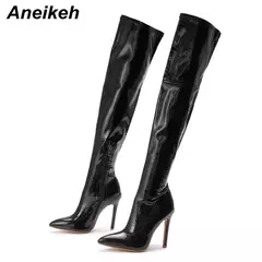Aneikeh-sexy sobre as botas do joelho com zíper lateral para as mulheres, dedo apontado sapatos, saltos finos listrados, nova moda, primavera, 24