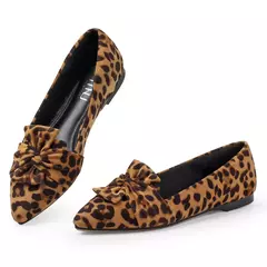 Sapatos baixos com estampa leopardo para mulheres, nó borboleta, dedo apontado, salto baixo, mocassins casuais, calçado de caminhada - Wolf Magazine