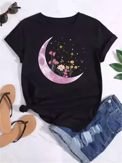 Camiseta feminina casual de manga curta com gola redonda, streetwear feminina, tops vintage, camiseta Maycaur, estampada com planeta lunar, moda camisetas - loja online