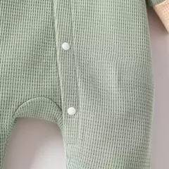 Macacão de manga comprida com botão, verde, sólido, waffle, casual, recém-nascido, menino, primavera, outono