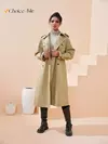 FSLE-Casaco de trincheira cáqui longo feminino, gola virada para baixo, manga cheia, 100% algodão, grandes dimensões, outono, 24FS11325