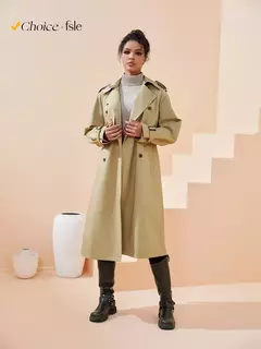 FSLE-Casaco de trincheira cáqui longo feminino, gola virada para baixo, manga cheia, 100% algodão, grandes dimensões, outono, 24FS11325