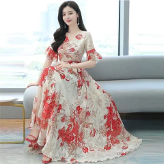 Vestido longo com cintura feminina, elegante vestido emagrecedor, manga curta, na moda - comprar online