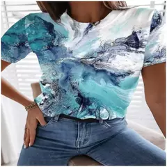 Camiseta explosiva estampada em girassol 3D para mulheres, gola redonda, fosca, flor, moda, novo produto, 2024