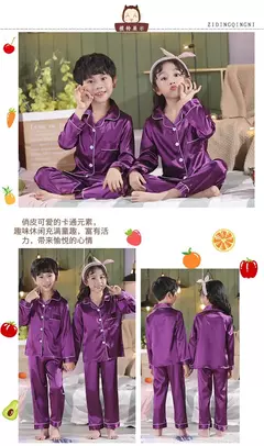 Conjunto de pijamas de cetim de seda infantil pijamas de bebê pijamas pijamas cor sólida, terno infantil, meninos, meninas, outono - loja online