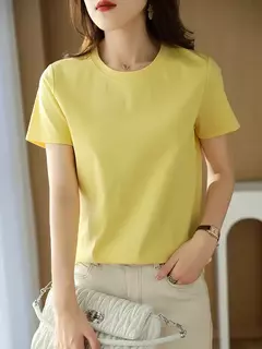 Camisetas de seda de algodão mercerizado femininas, camiseta casual simples, decote em O, manga curta, solta, reta, simples, minimalista, verão, 2023 - Wolf Magazine