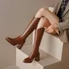 Bota alta de joelho para mulheres, sapatos de salto grosso, marrom quente, longo, moda, novo, inverno, 2022