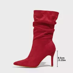 Imagem do Botas de camurça plissadas para mulheres, salto alto, zíper, meio da panturrilha, passarela, plus size, moda outono