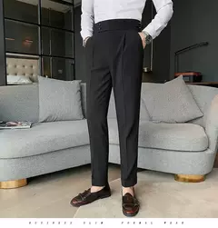 Homens estilo britânico ternos calças novo masculino sólido calças de cintura alta alta qualidade formal magro ajuste negócio casual terno calças - loja online